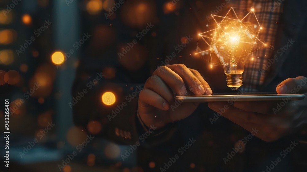 Aufkleber a hand holding a tablet with a glowing lightbulb above it. the lightbulb is surrounded by a network 