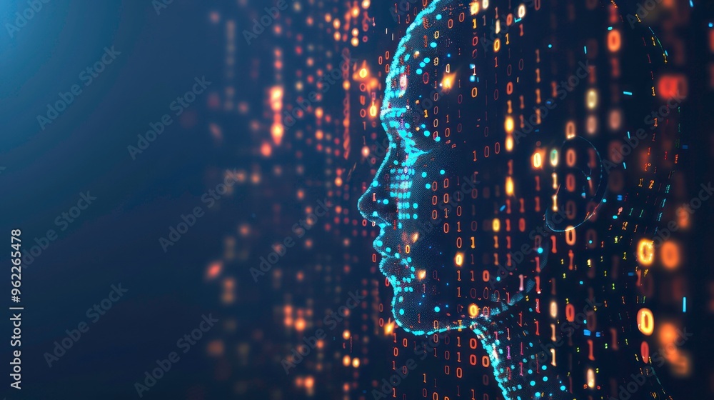 Poster a digital representation of a human face, composed of glowing binary code, suggesting the concept of