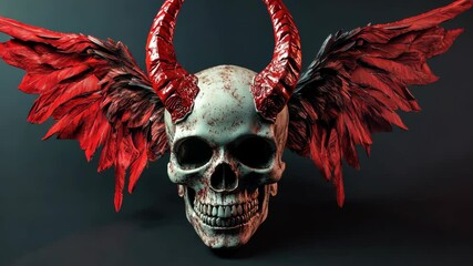 A striking skull with red horns and wings showcasing intricate details against a dark background