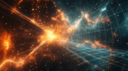 Fototapeta premium Abstract glowing grid with orange and blue nebula in space.