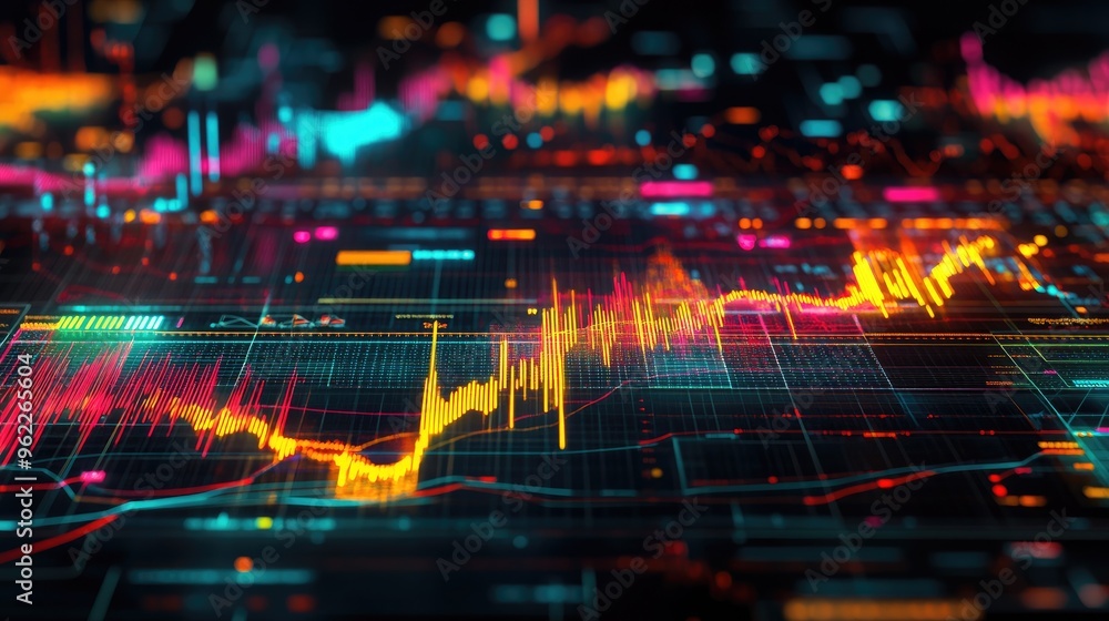 Poster detailed view of a financial graph showing stock price trends with colorful indicators and data poin