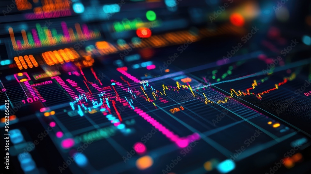 Poster detailed view of a financial graph showing stock price trends with colorful indicators and data poin