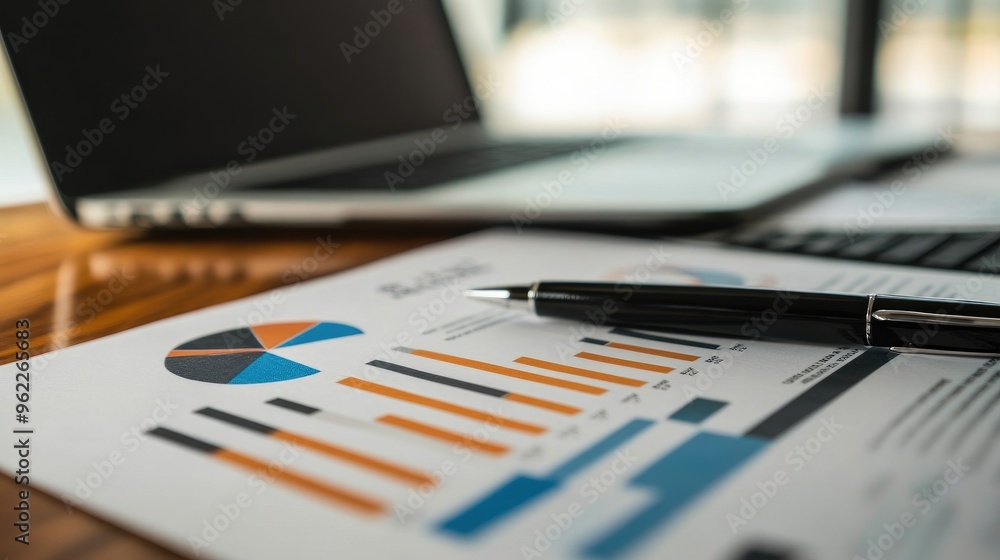 Aufkleber detailed view of a financial report with bar graphs and pie charts on a desk with a laptop and pen