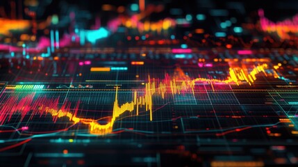 Fototapeta premium Detailed view of a financial graph showing stock price trends with colorful indicators and data points