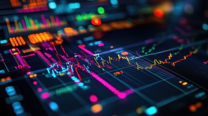 Obraz premium Detailed view of a financial graph showing stock price trends with colorful indicators and data points