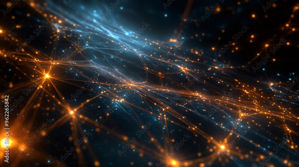 Poster abstract glowing lines and dots, creating a futuristic and technological background.