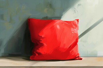 Illustration of a vibrant red pillow against a textured background with soft lighting.