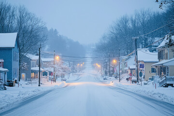 Fototapeta premium A serene winter landscape unfolds, with a snow-covered street leading into a quiet town, bathed in the soft glow of streetlights.