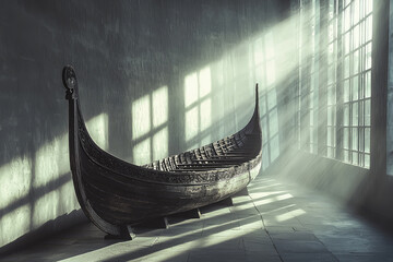 A Viking longship, preserved in a museum, bathed in ethereal sunlight streaming through a large window. Its intricate carvings and weathered wood tell tales of ancient voyages.