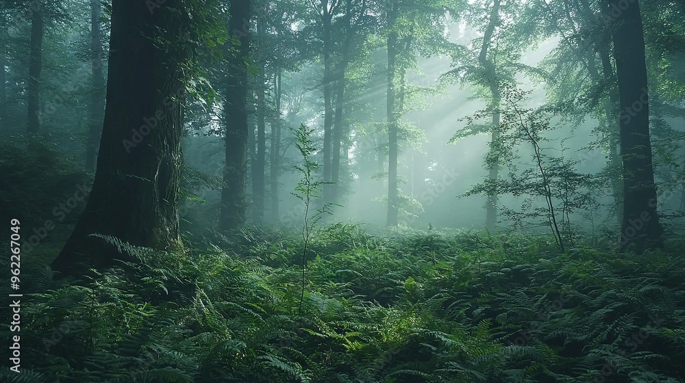 Poster a dense forest brimming with towering trees and lush greenery on either side of its border