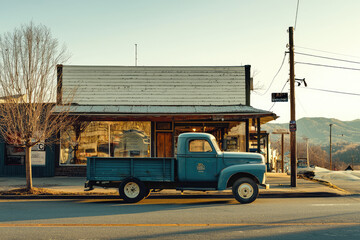 A weathered blue pickup truck sits parked in front of a small-town storefront, bathed in the golden light of a setting sun.