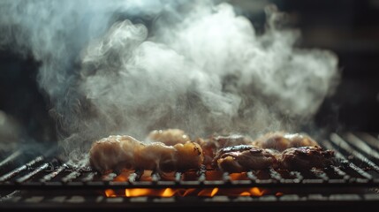 Detailed view of smoke emerging from a barbecue grill, with sizzling food and a smoky atmosphere