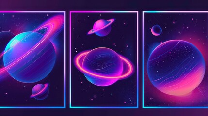 Three abstract space planets in a dark galaxy with colorful rings and glowing frames.