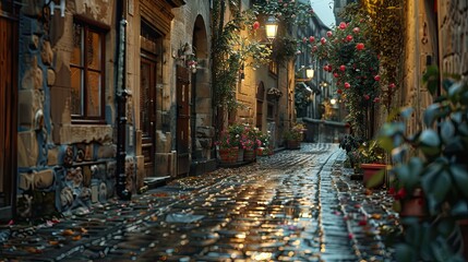 Fototapeta premium A narrow street with a cobblestone walkway and a row of potted plants