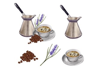 Composition of Cezve, a cup of coffee and with lavender and coffee beans. Watercolor illustration on white background, with purple ribbon. For cafe, menu, coffee shop