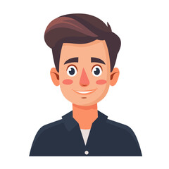 A cartoon man with a smile on his face. He has a nose and is wearing a black shirt