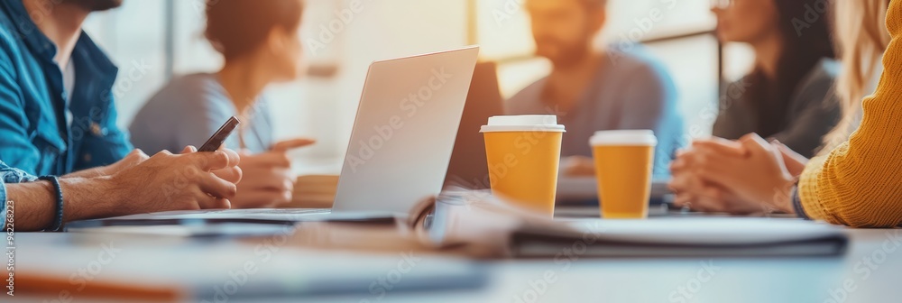 Poster team sitting around a table with laptops and coffee cups during a business meeting. casual collabora