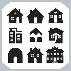 Black silhouettes of houses and cottages, home property logo set package, home button, residential building, country cottage, apartment vector illustrations