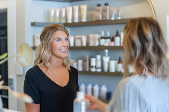 Woman in a beauty salon smiling during a consultation with a stylist, shelves of beauty products in the background, concept of professional beauty care