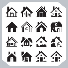 Black silhouettes of houses and cottages, home property logo set package, home button, residential building, country cottage, apartment vector illustrations