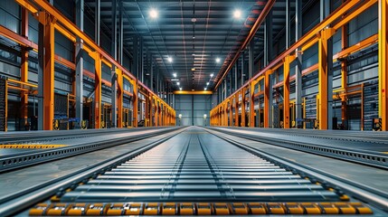 A high-tech logistics center with robotic sorting systems and neon tracking screens, optimizing deliveries