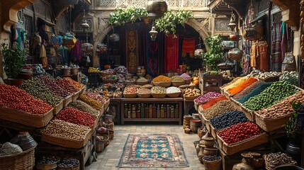 Fototapeta premium Bustling marketplace filled with vibrant spices fabrics and produce in an exotic setting