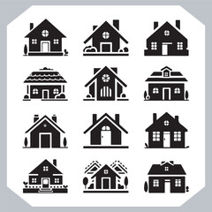 Black silhouettes of houses and cottages, home property logo set package, home button, residential building, country cottage, apartment vector illustrations