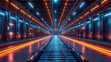 A high-tech logistics center with robotic sorting systems and neon tracking screens, optimizing deliveries