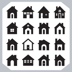 Black silhouettes of houses and cottages, home property logo set package, home button, residential building, country cottage, apartment vector illustrations