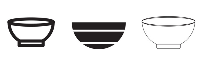 Bowl icon set collection in black design. Containing rice in bowl, hot soup icon.