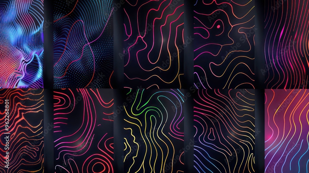 Poster collection of nine abstract backgrounds with neon and iridescent color line patterns.