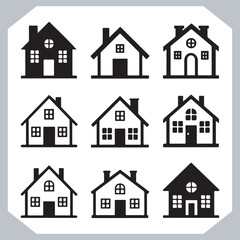 Fototapeta premium Black silhouettes of houses and cottages, home property logo set package, home button, residential building, country cottage, apartment vector illustrations