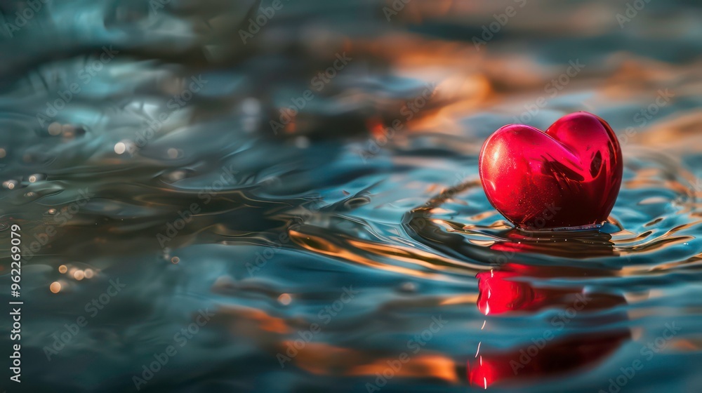 Poster a red heart-shaped object floats on the surface of the water with ripples.