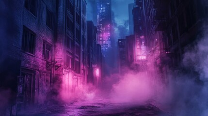 Fototapeta premium dark gloomy city street at night. background for crime. dark foggy abandoned city with glowing light, crime dark background. 
