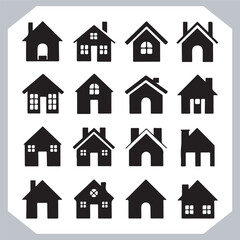 Black silhouettes of houses and cottages, home property logo set package, home button, residential building, country cottage, apartment vector illustrations.