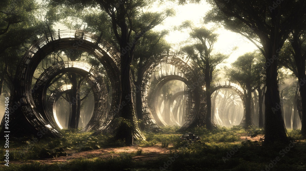 Poster an otherworldly forest with large, circular, woven structures built around the trees.