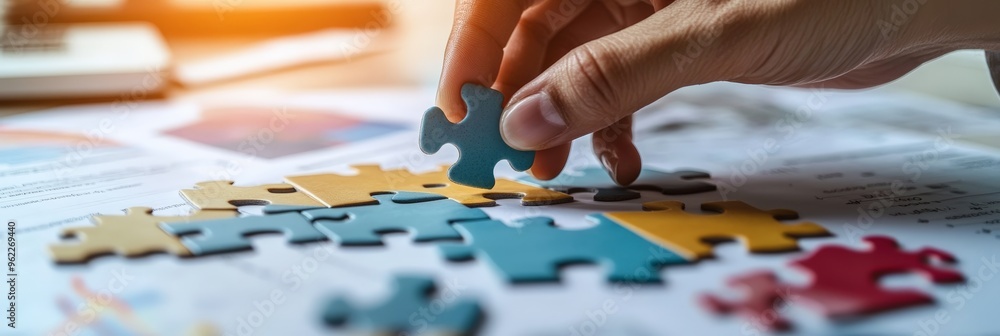 Poster Hand arranging multicolored puzzle pieces on top of financial documents during a meeting. Concept of teamwork and strategy.