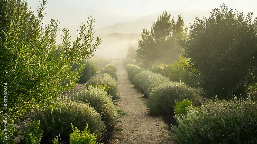 Poster a path through a field surrounded by trees on either side and shrouded in mist above