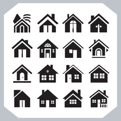 Black silhouettes of houses and cottages, home property logo set package, home button, residential building, country cottage, apartment vector illustrations.