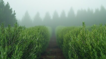 Naklejka premium A foggy day in the woods, with a path through green bushes and trees in the background