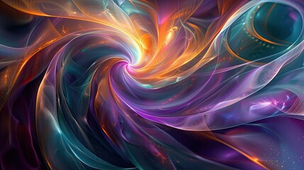 An abstract painting of light trails forming intricate spirals, organic shapes, vibrant and dynamic.