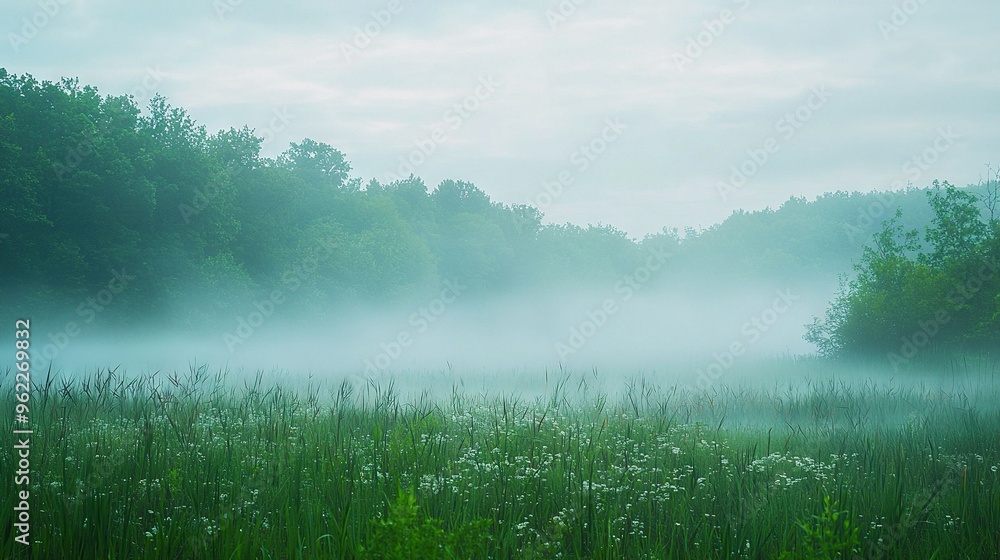 Sticker   A field shrouded in fog, tall blades of grass swaying softly, trees looming majestically beyond