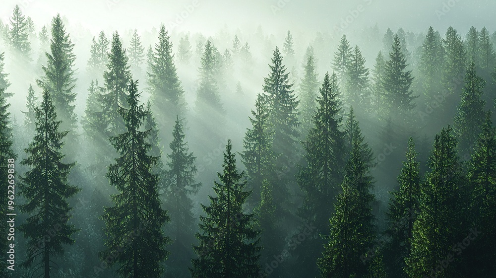 Poster   A dense forest brimming with towering pines surrounds this serene scene