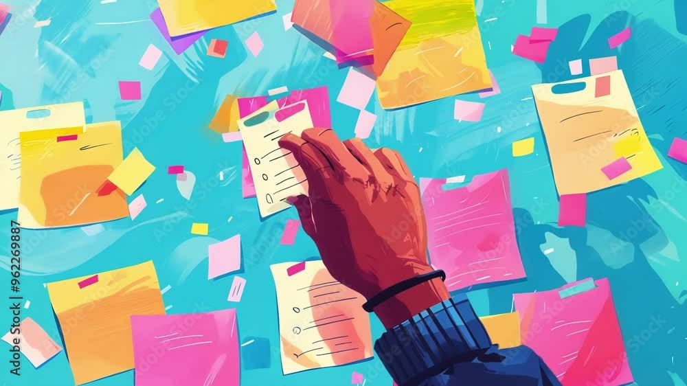 Aufkleber manager is putting a sticky note on a wall covered with colorful sticky notes with tasks on them, or