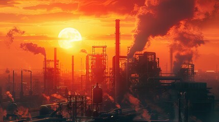 Obraz premium A city skyline with a large, orange sun in the background. The sun is setting and the sky is filled with smoke from a nearby factory