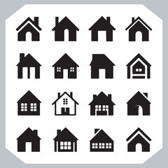 Black silhouettes of houses and cottages, home property logo set package, home button, residential building, country cottage, apartment vector illustrations.