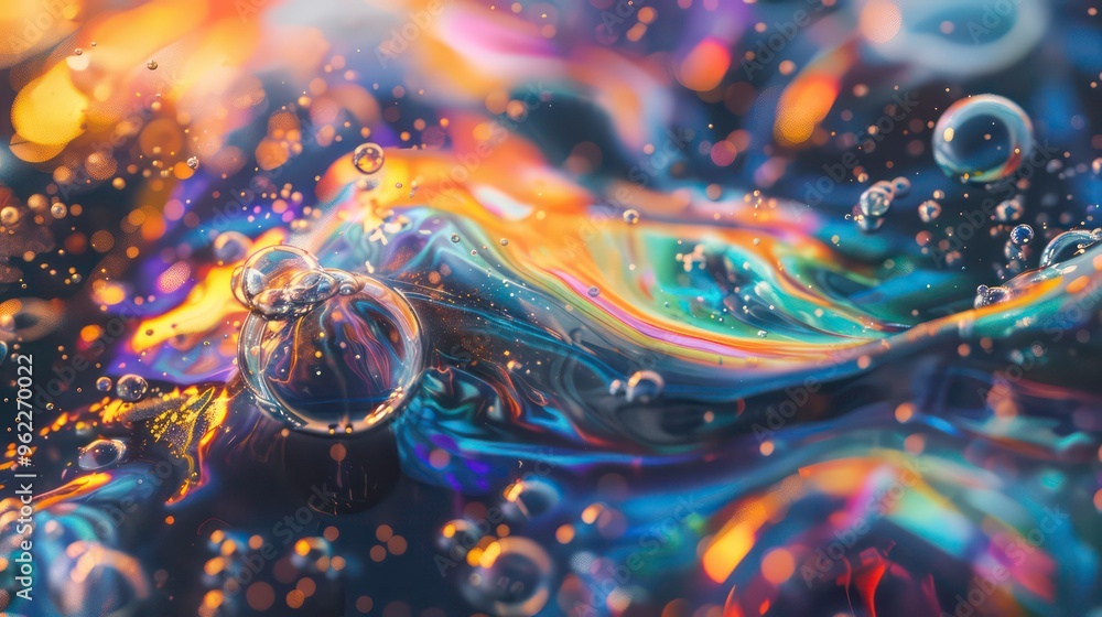 Poster abstract macro shot of iridescent liquid with bubbles.