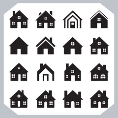 Black silhouettes of houses and cottages, home property logo set package, home button, residential building, country cottage, apartment vector illustrations.
