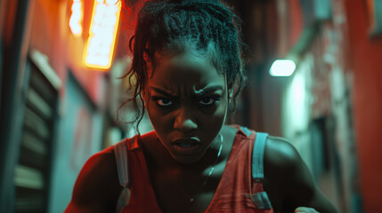 Fototapeta premium Determined Young Woman in Urban Alleyway with Neon Lights, Intense Stare