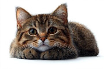 Fototapeta premium Beautiful cat relaxing calmly on a plain isolated background. Ideal for showcasing serenity, pet relaxation, and peaceful moments. Perfect for cat-themed designs and content